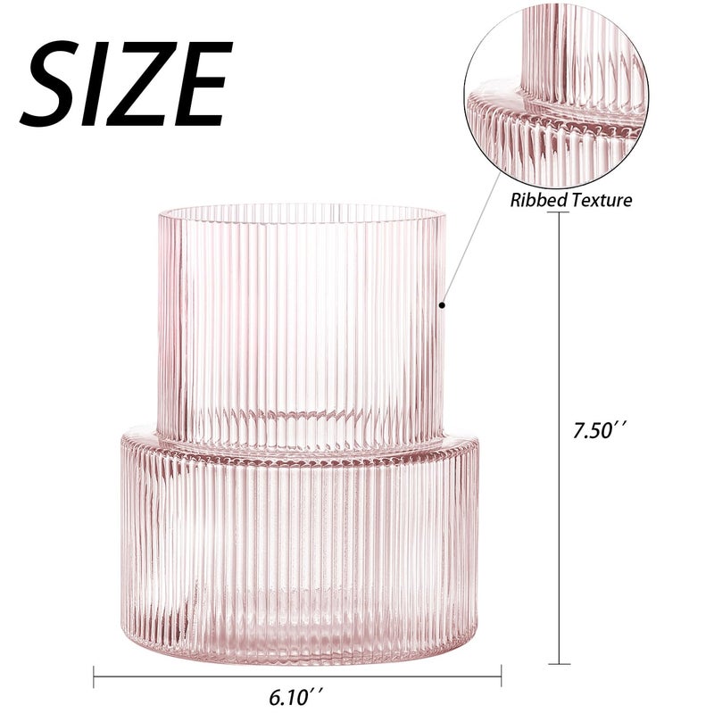 Yanwe1 Pink Glass Vase  Ribbed Glass Vase For Tulips  Flower Vases For Bouquet  Pink Modern Vases For Living Room  Dining Table  Entryway  Mantle  Shelf  Wedding  Office  7.5 Inches - Image 2