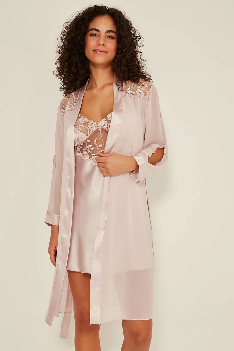 سي اند سيتي 047 Women's Satin Nightgown Dressing Suit Powder