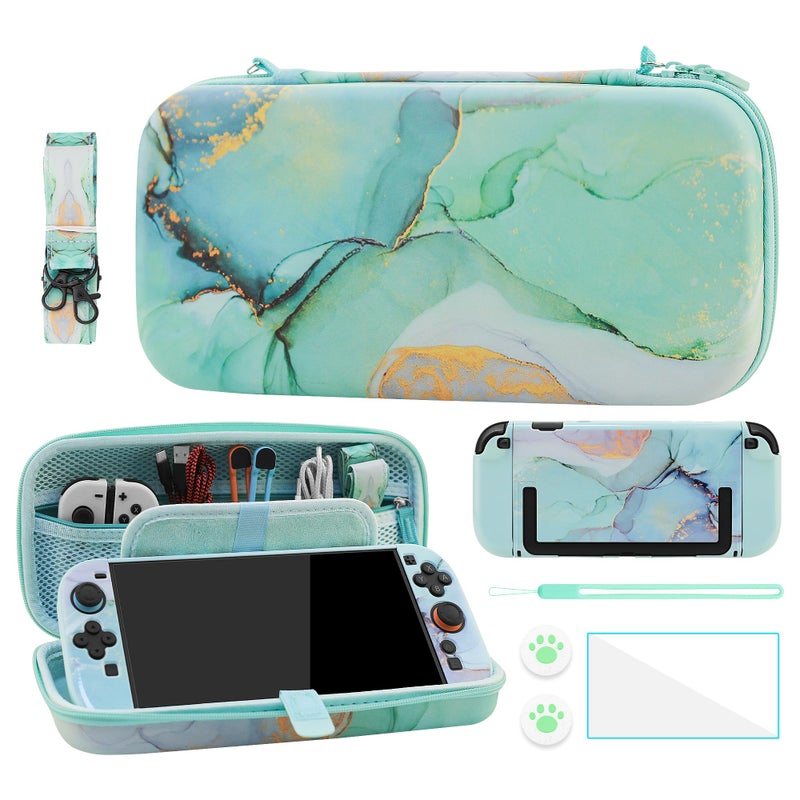 FANPL Cute Case Bundle for Nintendo Switch 2 Accessories Travel Carrying Cover for Switch 2 with Hard Glitter Skin Adjustable Strap Screen Protector Thumb Grip Caps Green Marble - Image 2