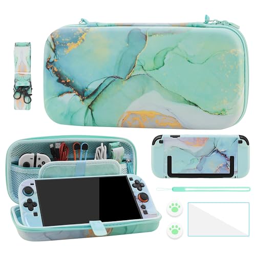 FANPL Cute Case Bundle for Nintendo Switch 2 Accessories Travel Carrying Cover for Switch 2 with Hard Glitter Skin Adjustable Strap Screen Protector Thumb Grip Caps Green Marble - Image 1