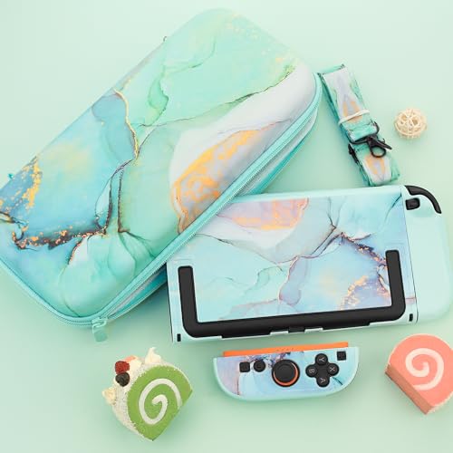FANPL Cute Case Bundle for Nintendo Switch 2 Accessories Travel Carrying Cover for Switch 2 with Hard Glitter Skin Adjustable Strap Screen Protector Thumb Grip Caps Green Marble - Image 3