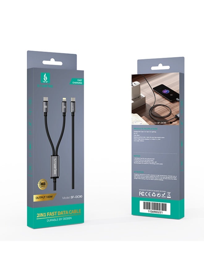 STARFIRE 100W 2-in-1 USB C to USB C and Lightning Fast Charging Cable, 48-Count High-Density Braided Data Lead for Laptops & Smartphones, 1.2m, Black - Image 2