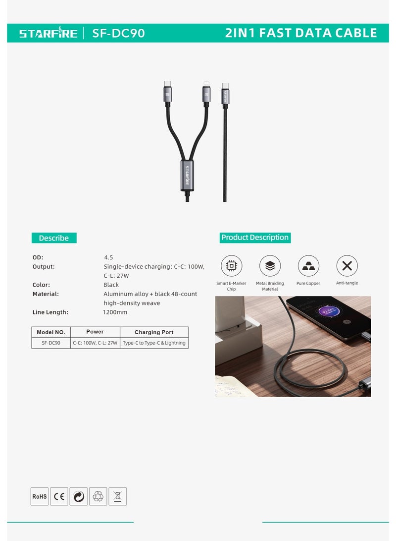 STARFIRE 100W 2-in-1 USB C to USB C and Lightning Fast Charging Cable, 48-Count High-Density Braided Data Lead for Laptops & Smartphones, 1.2m, Black - Image 4