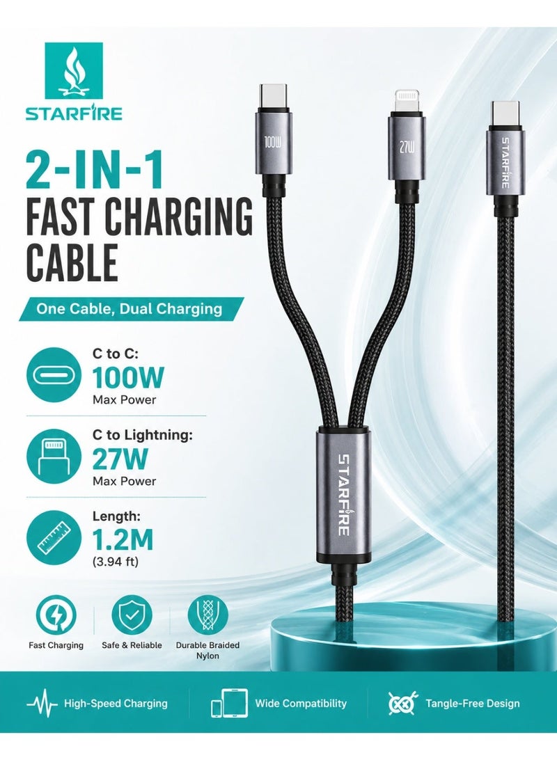 STARFIRE 100W 2-in-1 USB C to USB C and Lightning Fast Charging Cable, 48-Count High-Density Braided Data Lead for Laptops & Smartphones, 1.2m, Black - Image 1