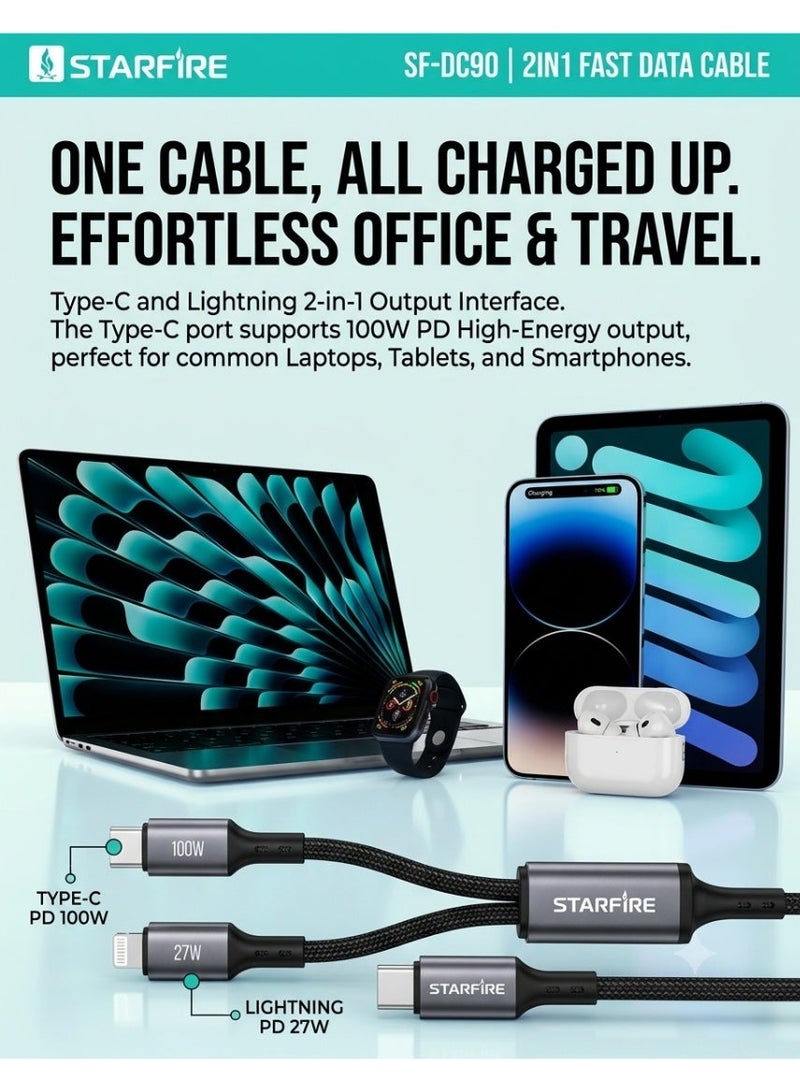 STARFIRE 100W 2-in-1 USB C to USB C and Lightning Fast Charging Cable, 48-Count High-Density Braided Data Lead for Laptops & Smartphones, 1.2m, Black - Image 2
