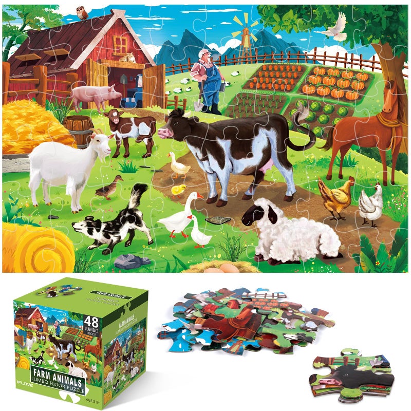 IFLOVE Jumbo Floor Puzzle for Kids,Farm Animals Jigsaw Large Puzzles,48 Piece Barn Puzzle for Toddler Ages 3-5,Children Learning Preschool Educational Toys,Birthday Easter Gift for 4-8 Years Old Boy and Girl - Image 1