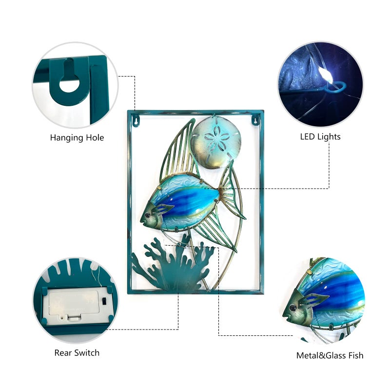 LIFFY Metal Fish Wall Decor with Frame-Outdoor Wall Art, Wall Decor with LED Fairy Lights, Fish Glass Art Wall Sculpture for Patio,Beach,Garden,Yard,Pool,home gift(2pcs, Blue) - Image 3