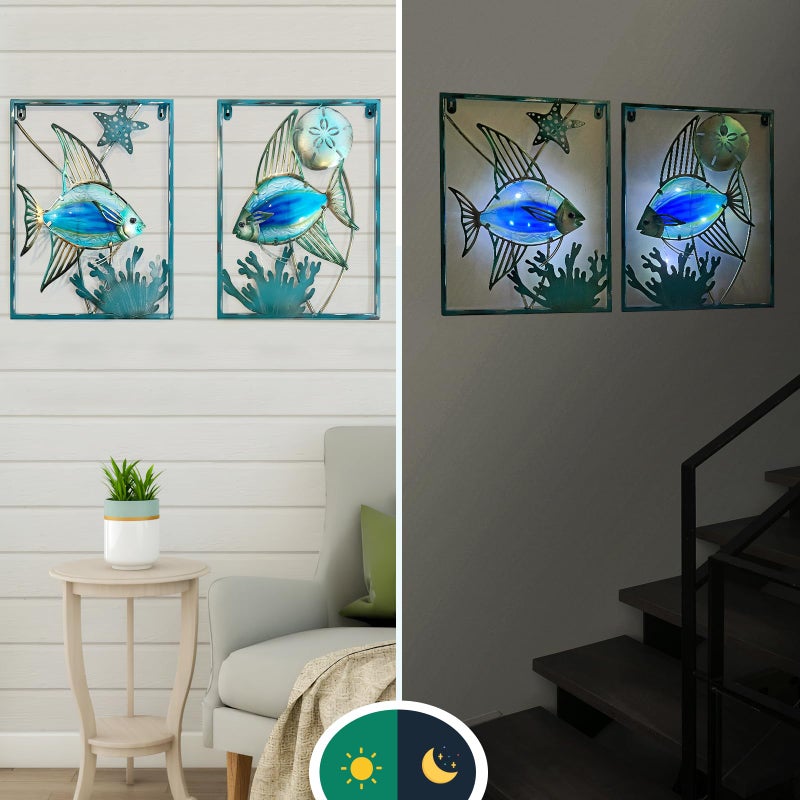LIFFY Metal Fish Wall Decor with Frame-Outdoor Wall Art, Wall Decor with LED Fairy Lights, Fish Glass Art Wall Sculpture for Patio,Beach,Garden,Yard,Pool,home gift(2pcs, Blue) - Image 4