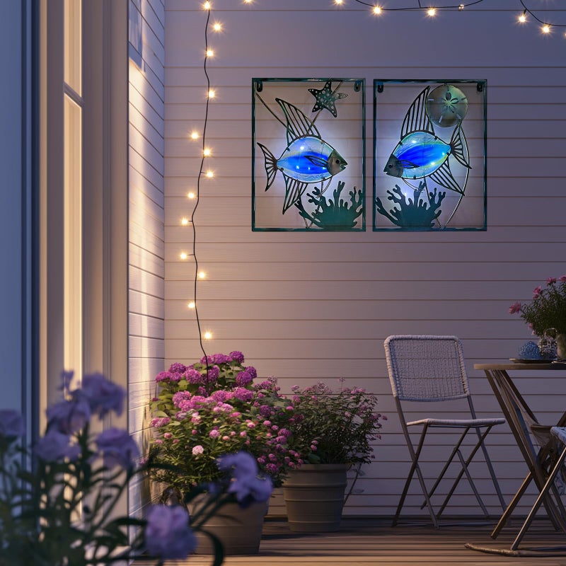 LIFFY Metal Fish Wall Decor with Frame-Outdoor Wall Art, Wall Decor with LED Fairy Lights, Fish Glass Art Wall Sculpture for Patio,Beach,Garden,Yard,Pool,home gift(2pcs, Blue) - Image 5
