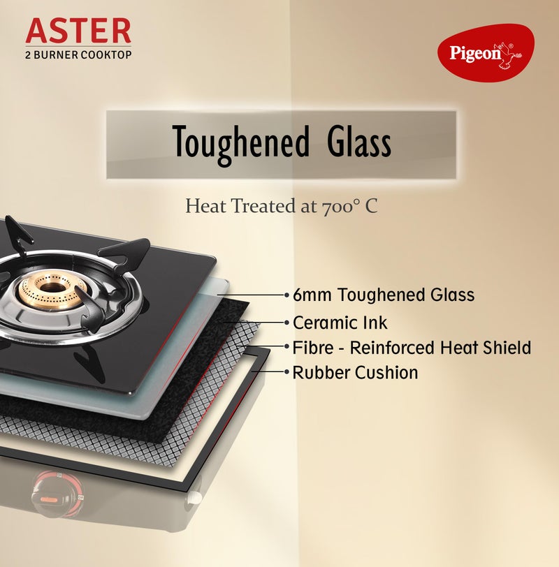Pigeon Aster Gas Stove 2 Burner with High Powered Brass Burner, Gas Cooktop with Glass Top and Powder Coated Body, black, standard (14266) - Image 3