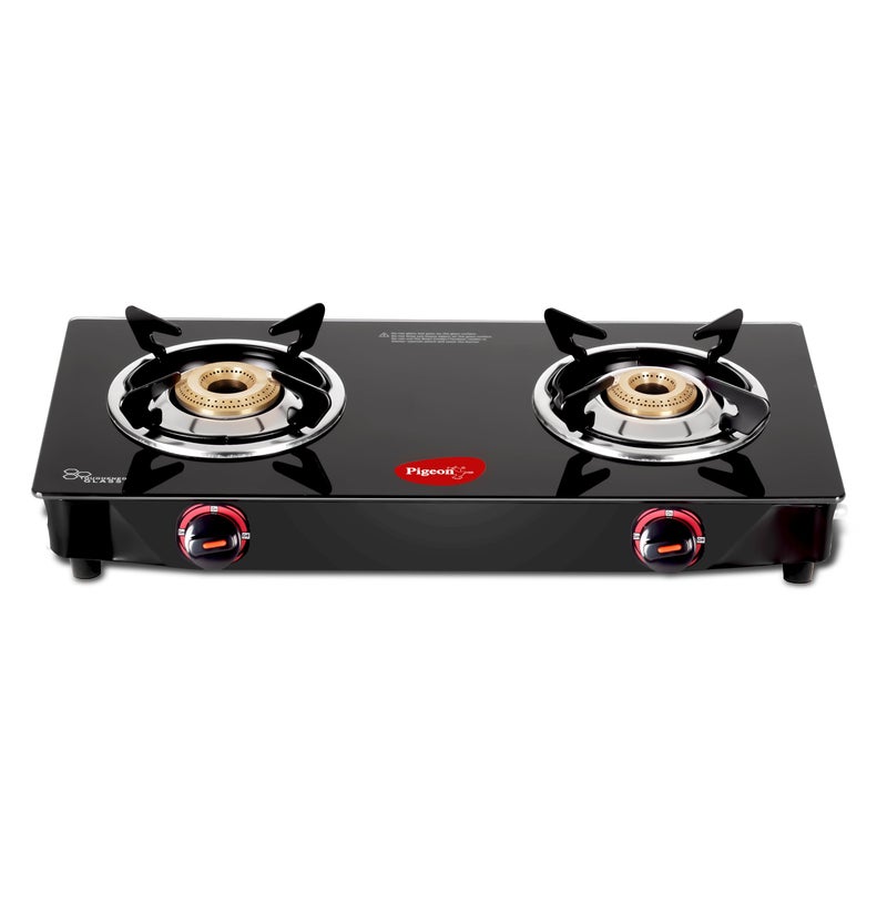 Pigeon Aster Gas Stove 2 Burner with High Powered Brass Burner, Gas Cooktop with Glass Top and Powder Coated Body, black, standard (14266) - Image 1