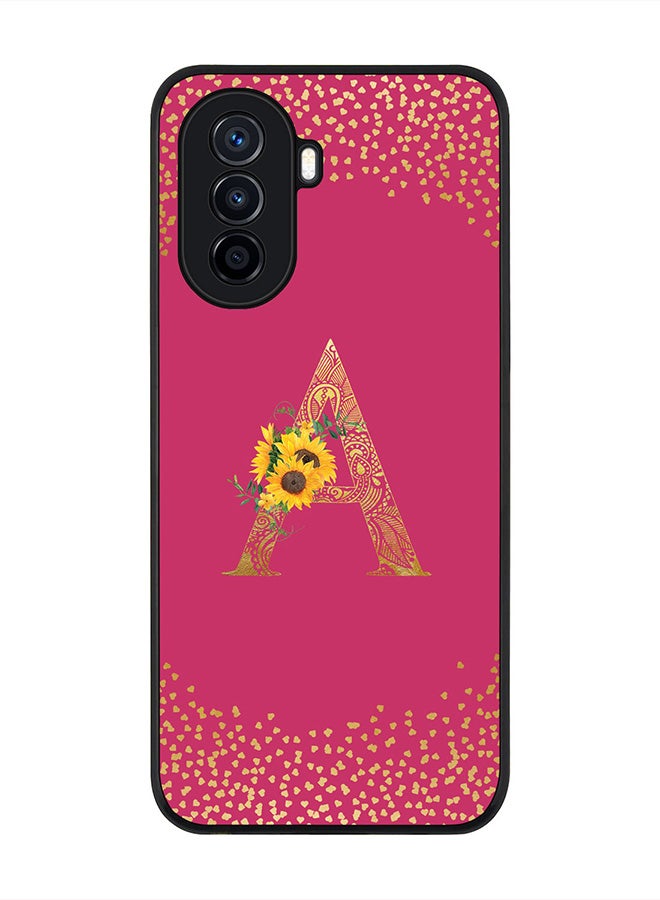 Stylizedd Rugged Black Edge Case for Huawei Nova Y70 , Slim fit Thin Cover -  Custom Monogram Initial Letter Mandala Floral Pattern Alphabet- A (Dark Pink Rose) - Image 1