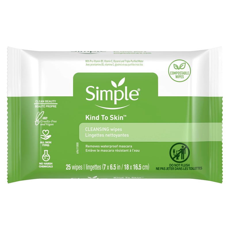 Simple Kind to Skin Facial Wipes Gentle and Effective Makeup Remover Cleansing Free from color and dye artificial perfume and harsh chemicals 25 Wipes