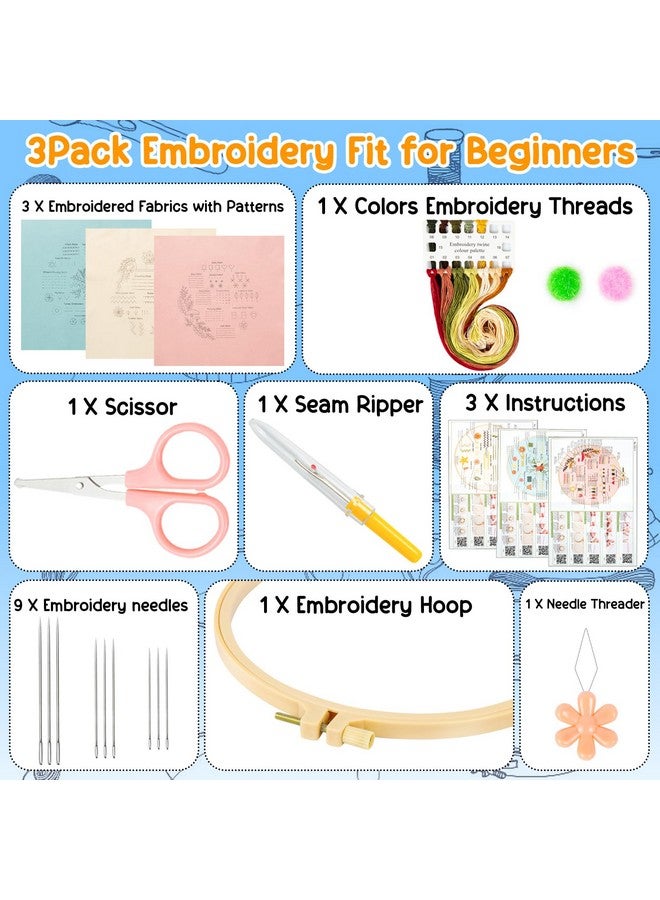 Ponpon 3 Sets Embroidery Kit for Beginners, Embroidery Kit for Adults with Follow Instruction, Cross Stitch Kits with Wooden Embroidery Hoops (Stlye B) - Image 2