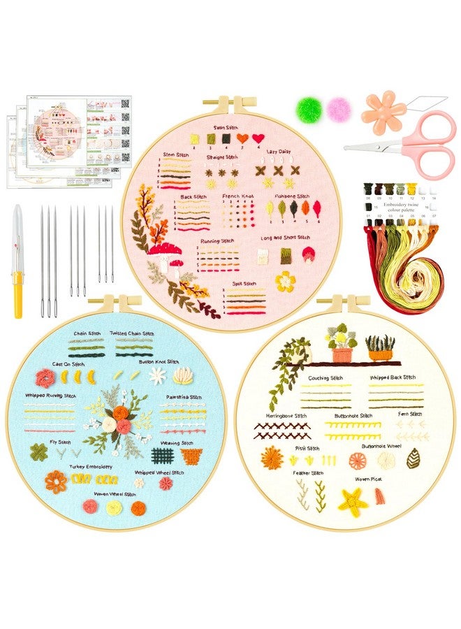 Ponpon 3 Sets Embroidery Kit for Beginners, Embroidery Kit for Adults with Follow Instruction, Cross Stitch Kits with Wooden Embroidery Hoops (Stlye B) - Image 1