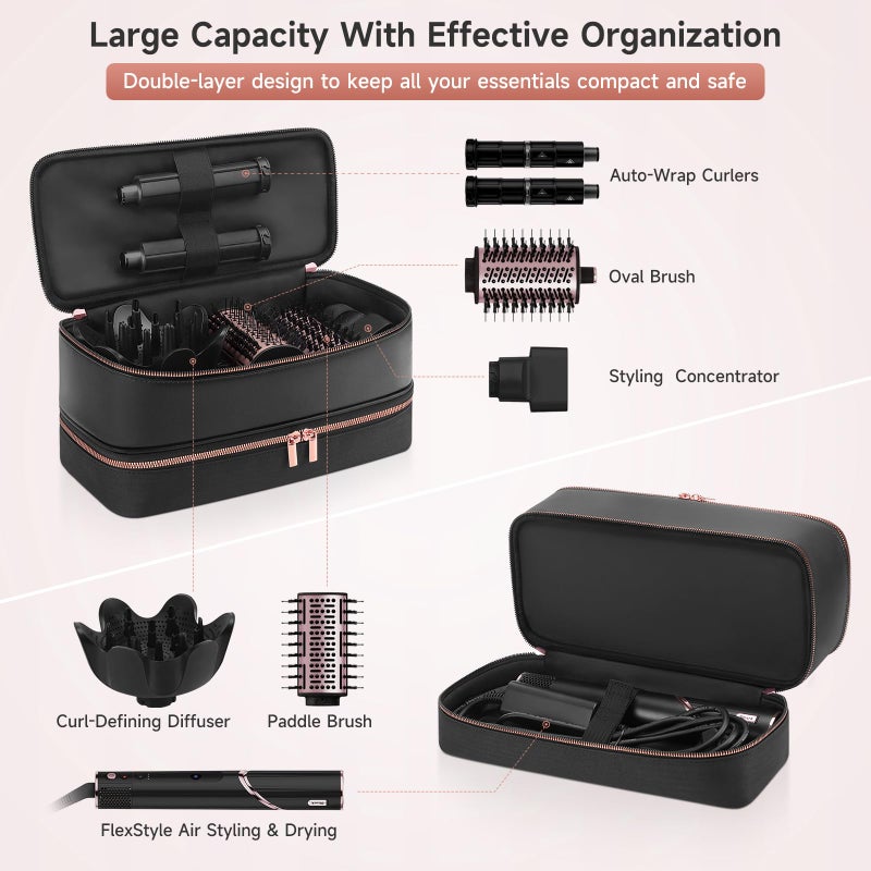Adworte Travel Hair Dryer Case for Shark Flexstyle, Double-Layer Carrying Case for Shark Flex Style Blow Dryer, Portable Hair Tools Storage Organizer Bag for Shark Beauty Hairdryer Attchments(Black Rose Gold) - Image 2