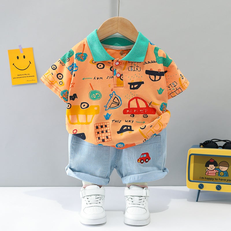Generic Boys suit summer new Korean style car lapel short sleeve Denim Shorts factory one piece for wholesale Orange 
