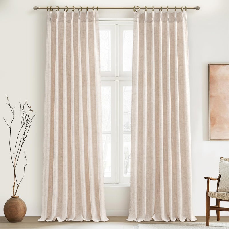 PleatedDrapes ستائر PleatedDrapes بتصميم ريفي عصري، ستائر لتصفية الضوء لغرفة المعيشة/غرفة النوم، ستائر ريفية بلون الشوفان والبيج والبني، طولها 108 بوصة، مصنوعة من الكتان الشفاف المطوي، قطعتان من قماش الموسلين. - Image 1
