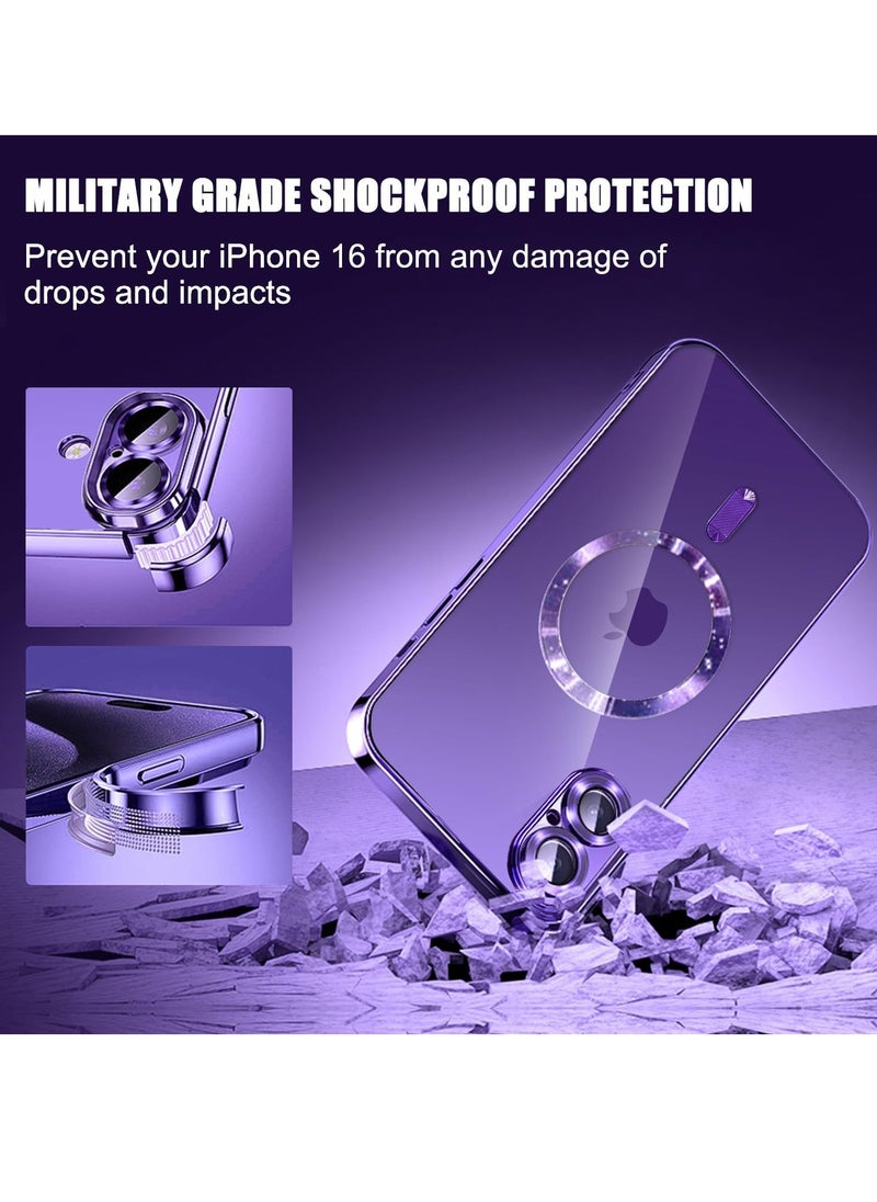 for iPhone 16 MagSafe Case with Camera Lens Protector,Full Protection Clear Magnetic Case Compatible with MagSafe Elegant Anti-Scratch Case Cover for iPhone 16 Purple