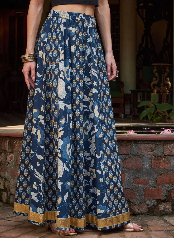 SASSAFRAS Navy Blue Floral Printed Flared Maxi Skirt for Women