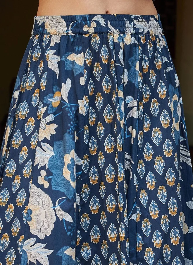 SASSAFRAS Navy Blue Floral Printed Flared Maxi Skirt for Women