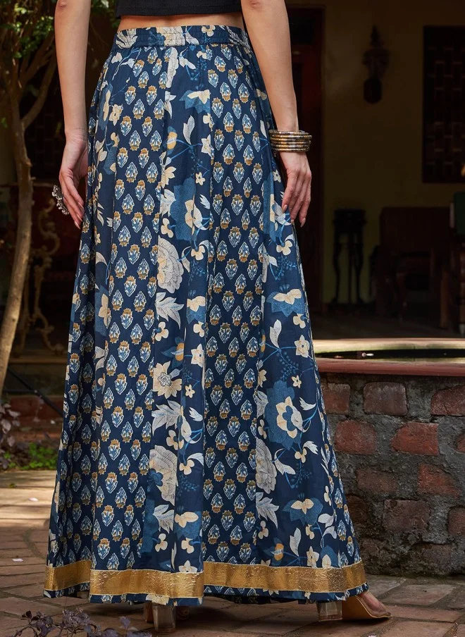 SASSAFRAS Navy Blue Floral Printed Flared Maxi Skirt for Women