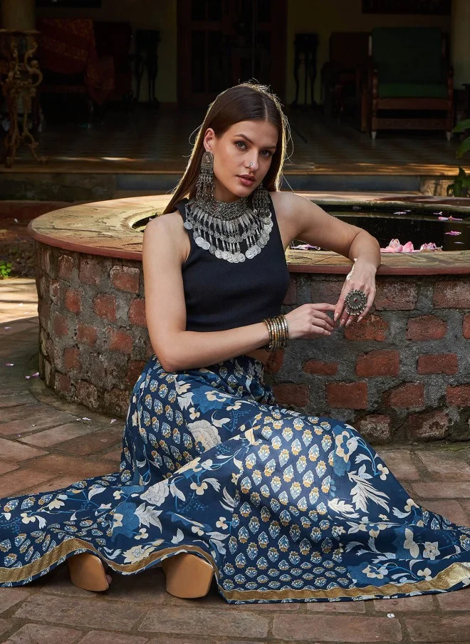 SASSAFRAS Navy Blue Floral Printed Flared Maxi Skirt for Women