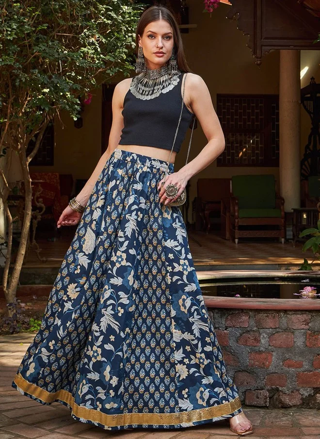 SASSAFRAS Navy Blue Floral Printed Flared Maxi Skirt for Women