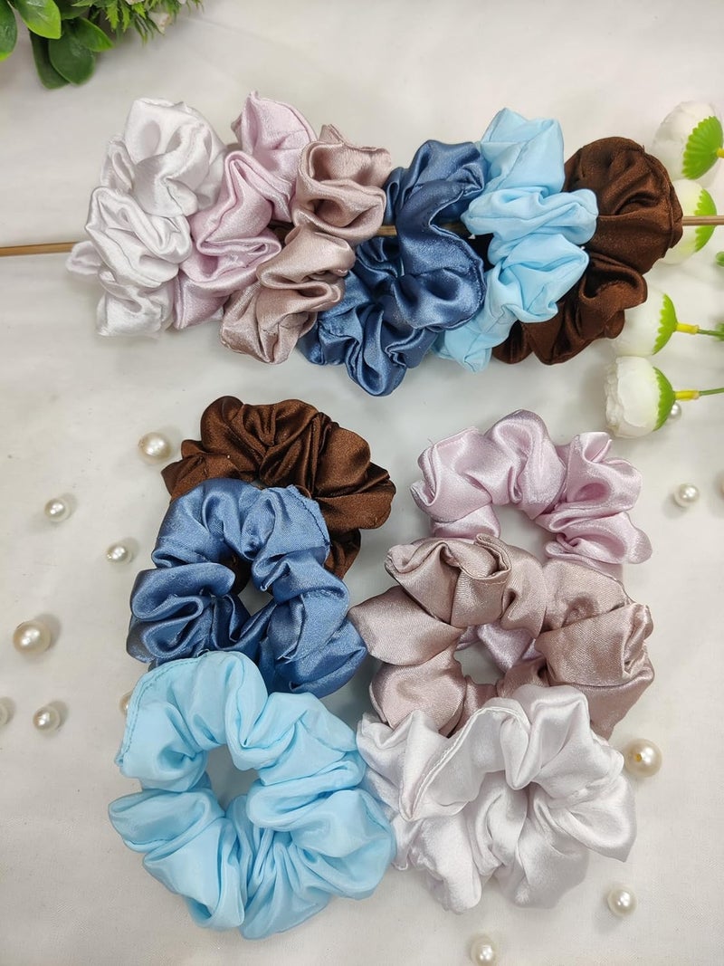 Generic Satin Scrunchies AntiHair Breakage Hair Ties pack of 12 Pieces Assorted Colours  - Image 1