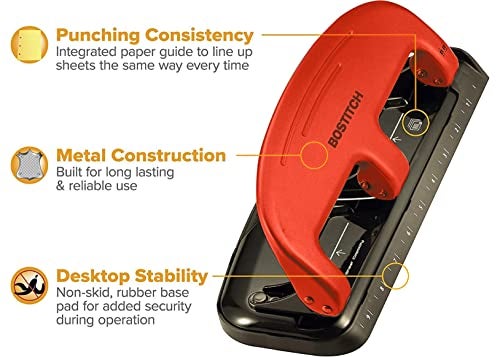 Bostitch Office EZ Squeeze 3 Hole Punch Heavy Duty - 20 Sheet Capacity 3 Hole Puncher - Metal Construction - Red - Image 3