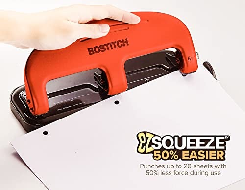Bostitch Office EZ Squeeze 3 Hole Punch Heavy Duty - 20 Sheet Capacity 3 Hole Puncher - Metal Construction - Red - Image 2