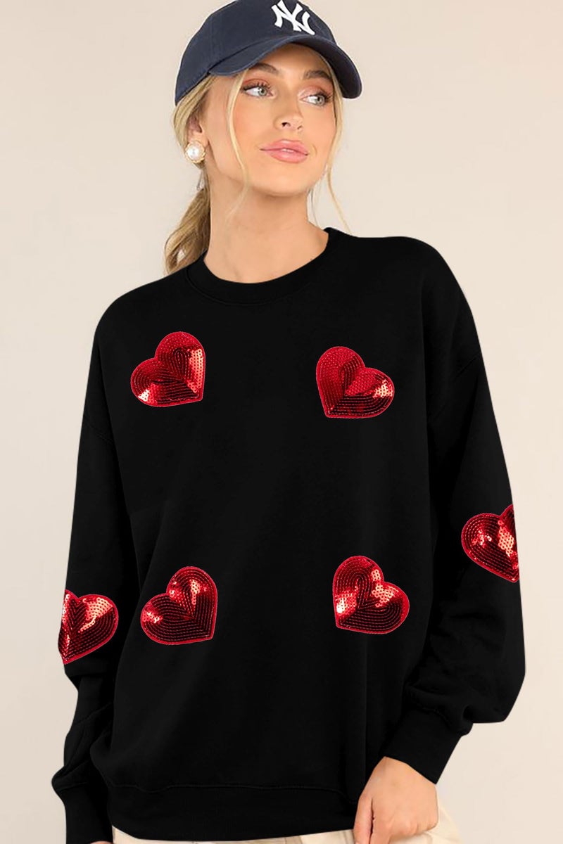 MAXIMGR Valentines Sweatshirt Women Teacher Valentine Shirts sequin Love Heart Graphic Tee Valentine's Day Gift Pullover Black - Image 4