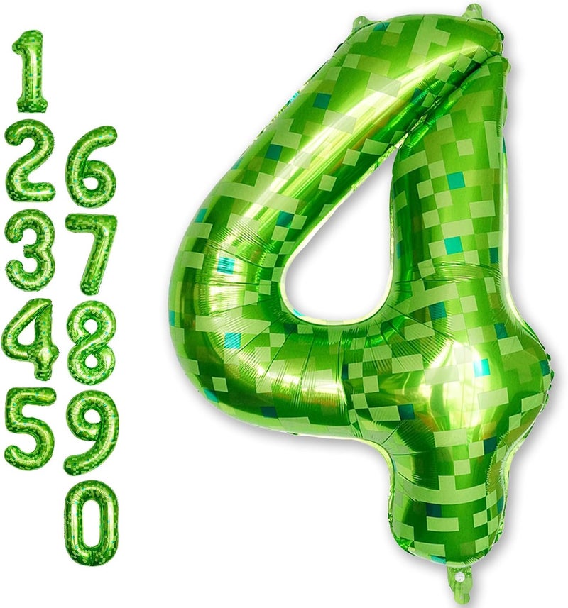 40 Inch Lime Green Pixel Number 4 Balloon for Birthday Decoration, Large Dark Kelly Green Foil 4 Balloons for Boys Ten Year Old Birthday Video Game - Image 1