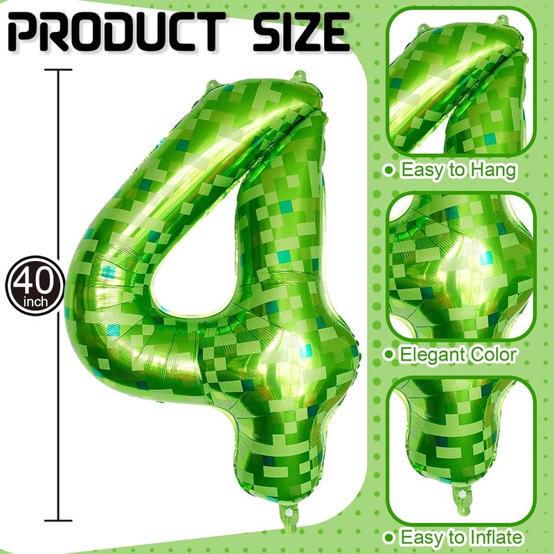 40 Inch Lime Green Pixel Number 4 Balloon for Birthday Decoration, Large Dark Kelly Green Foil 4 Balloons for Boys Ten Year Old Birthday Video Game - Image 2