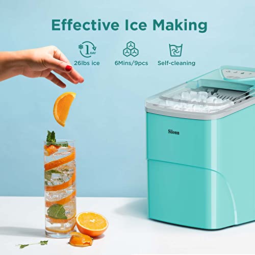 Silonn Ice Makers Countertop, 9 Cubes Ready in 6 Mins, 26lbs in 24Hrs, Self-Cleaning Ice Machine with Ice Scoop and Basket, 2 Sizes of Bullet Ice for Home Kitchen Office Bar Party, Green - Image 2