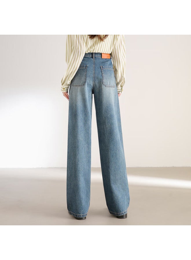 Sentubila Shangduobila Pure Cotton Straight-leg Jeans For Women, Spring And Autumn Long Pants, Loose-fitting Slimming Retro Versatile Women's Trousers, Denim Blue, Size L - Image 3