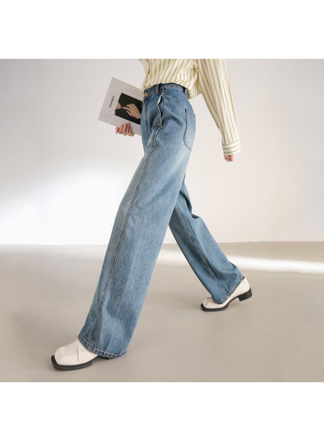 Sentubila Shangduobila Pure Cotton Straight-leg Jeans For Women, Spring And Autumn Long Pants, Loose-fitting Slimming Retro Versatile Women's Trousers, Denim Blue, Size L - Image 2