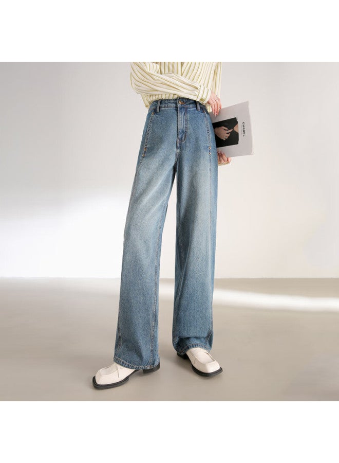 Sentubila Shangduobila Pure Cotton Straight-leg Jeans For Women, Spring And Autumn Long Pants, Loose-fitting Slimming Retro Versatile Women's Trousers, Denim Blue, Size L - Image 1