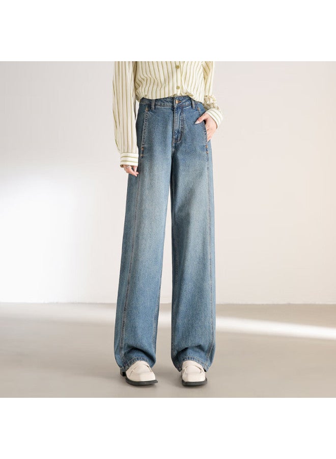 Sentubila Shangduobila Pure Cotton Straight-leg Jeans For Women, Spring And Autumn Long Pants, Loose-fitting Slimming Retro Versatile Women's Trousers, Denim Blue, Size L - Image 4