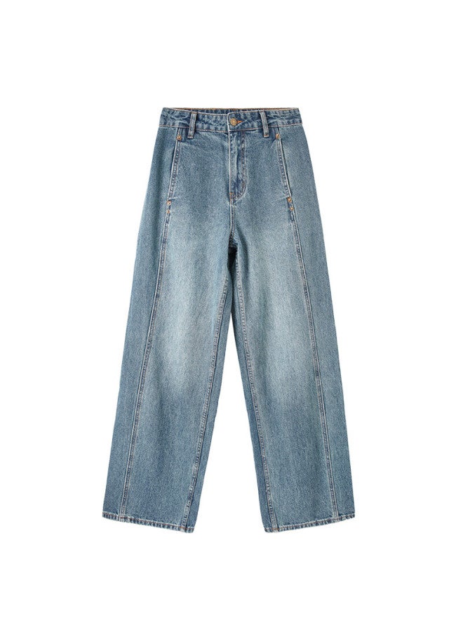 Sentubila Shangduobila Pure Cotton Straight-leg Jeans For Women, Spring And Autumn Long Pants, Loose-fitting Slimming Retro Versatile Women's Trousers, Denim Blue, Size L - Image 5