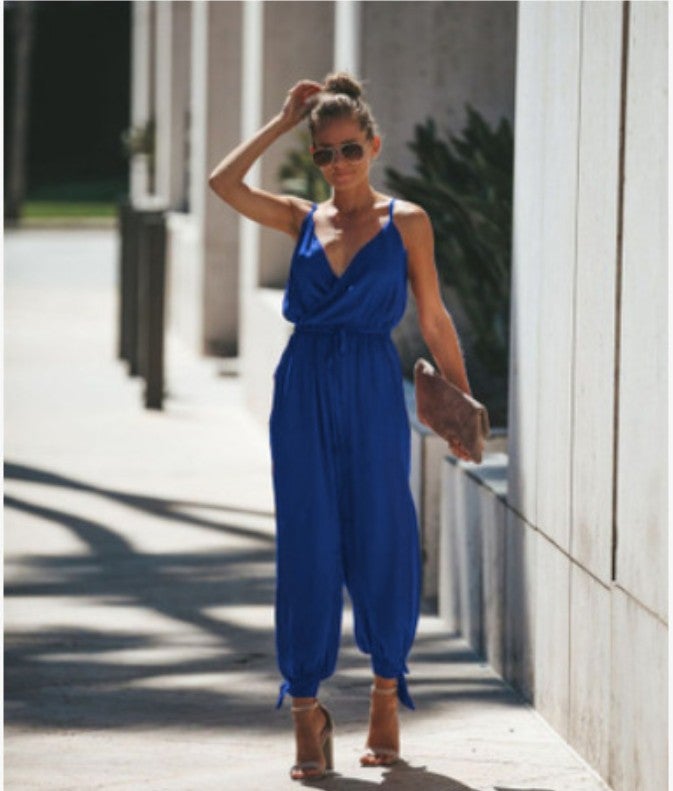 8 Colors, 8 Yards, 2025 Backless Lace Deep V Neck Suspender Cotton Long Jumpsuit - Image 1