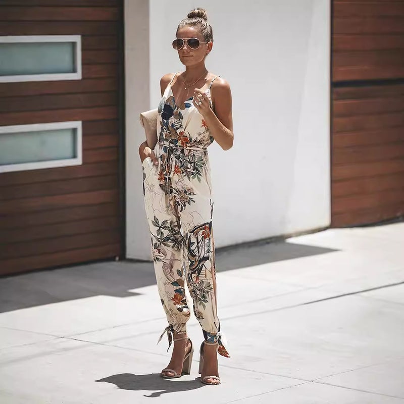 8 Colors, 8 Yards, 2025 Backless Lace Deep V Neck Suspender Cotton Long Jumpsuit - Image 3