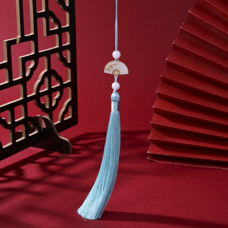 Generic Pearl White Fan Tassel Chinese Hanfu Car Pendant Light blue green