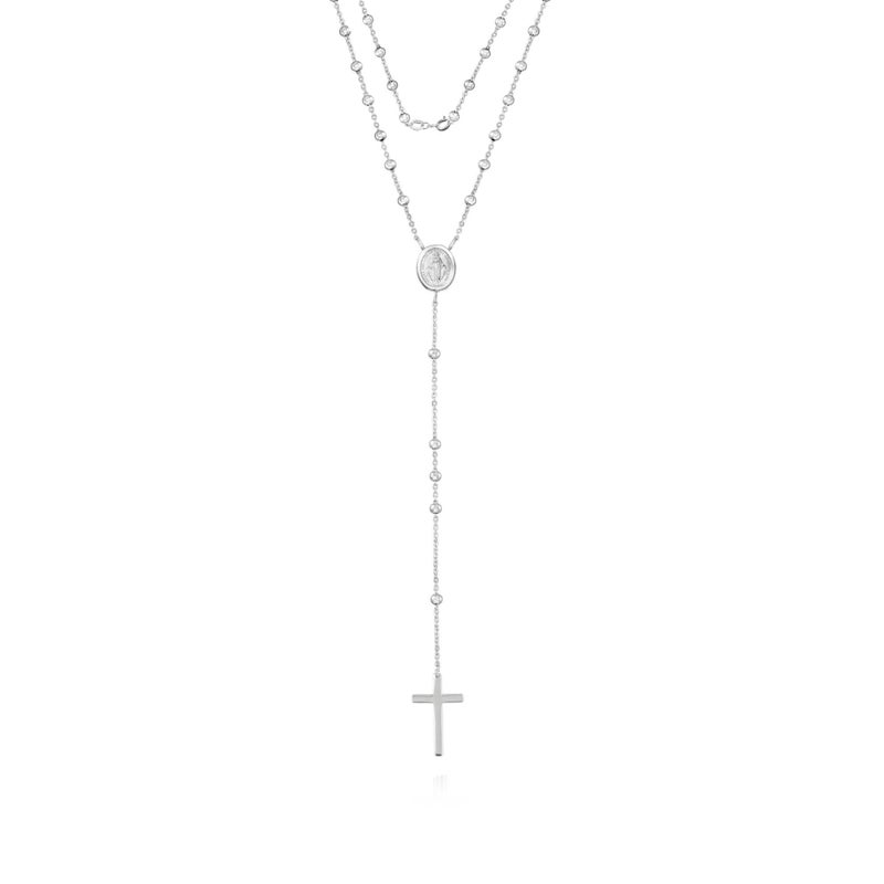 Savlano 925 Sterling Silver 1.5MM Beaded Rosary Miraculous Medallion and Cross Pendant Necklace -18K Gold Plated 19 Inches Y-Necklace Chain for Women, Religious Jewelry Comes with Gift Box - Made in Italy - Image 1