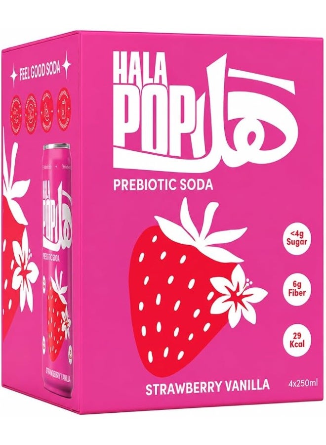 HalaPop Prebiotic Soda, Strawberry Vanilla - An All Natural, Sparkling Prebiotic Beverage With Plant Based Fiber To Support Gut Health And Digestive Wellness | No Added Sugar - 4 Pack (250 ml each) - Image 1