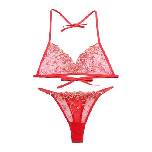 GirlFriend Women Lingerie Set Lace Teddy Strap Embroidery Bikini Bodysuit Lingerie Embroidery Bra Panty Set for Girl Women (Red, L) - Image 5