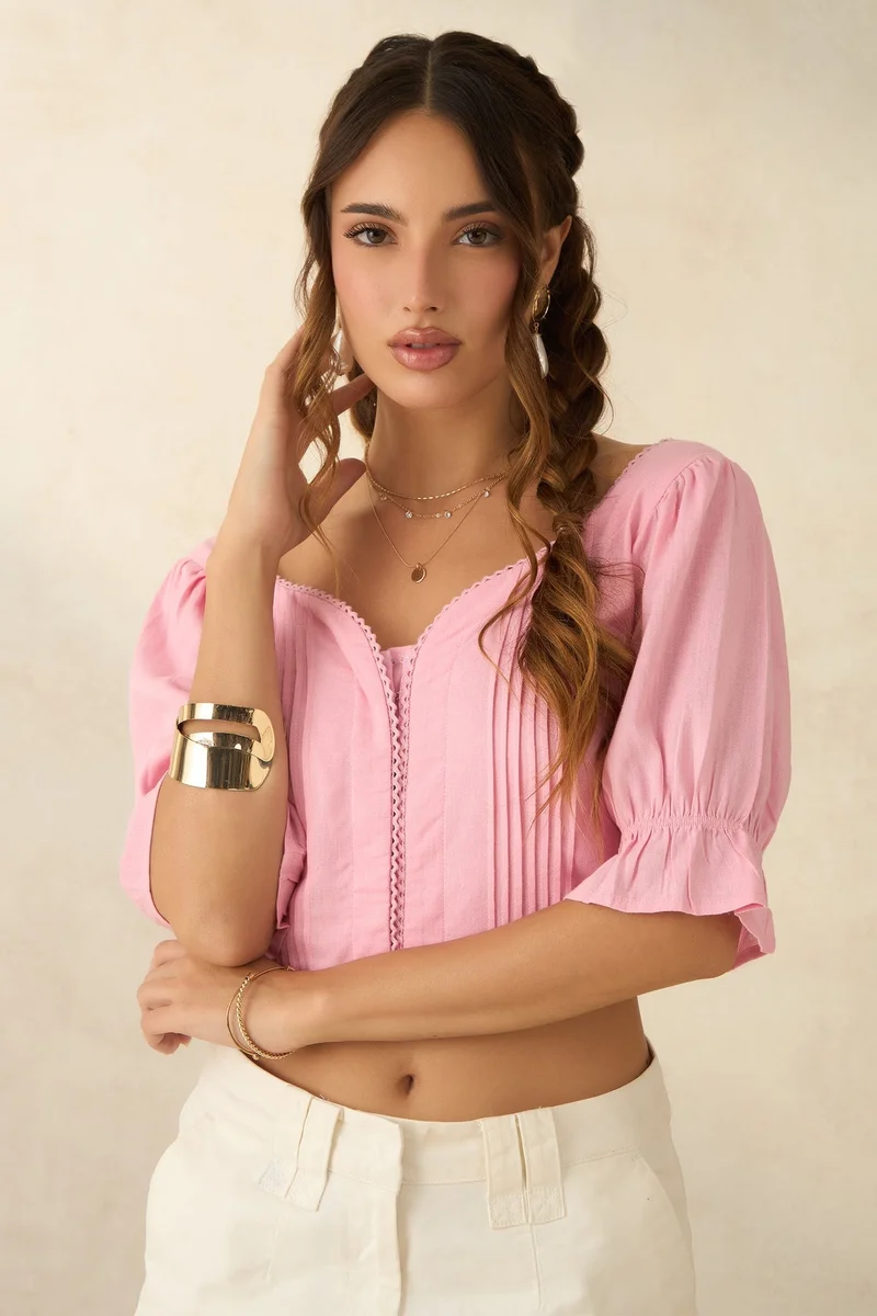 Virgio VIRGIO Linen Cropped Pleated Bustier Top