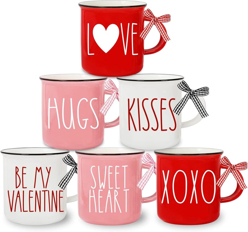 Whaline 6Pcs Valentines Day Mini Coffee Mug with Ribbon Red Pink Love Words Mini Mug Sweet Valentines Tiered Tray Decor for Valentines Day Anniversary Wedding Table Centerpieces Decoration - Image 1