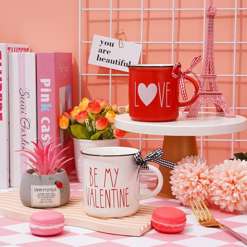 Whaline 6Pcs Valentines Day Mini Coffee Mug with Ribbon Red Pink Love Words Mini Mug Sweet Valentines Tiered Tray Decor for Valentines Day Anniversary Wedding Table Centerpieces Decoration - Image 4