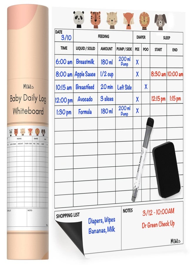 Mewl Baby Daily Log Whiteboard - Reusable Baby Tracker to Log Feeding, Diapers & Sleep - Newborn Baby Journal & Schedule Chart for New Parents, Nanny, Babysitter - Pregnancy & New Mom Gift - Image 1